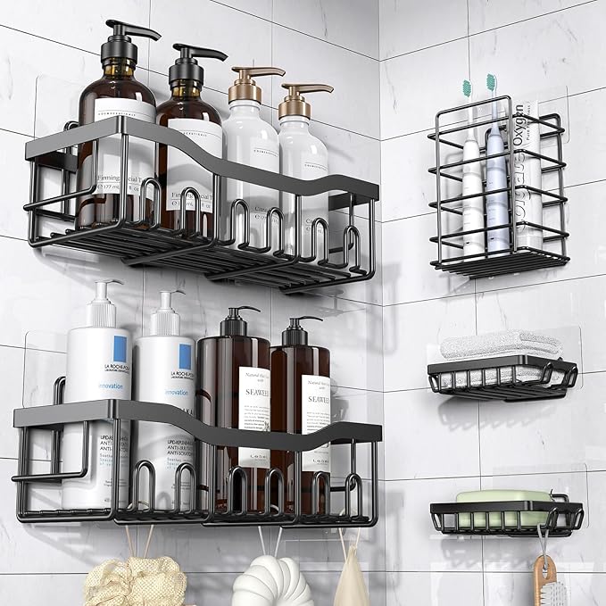 Adhesive Shower Caddy – 5 Pack Stainless Steel Bathroom & Kitchen Organizer