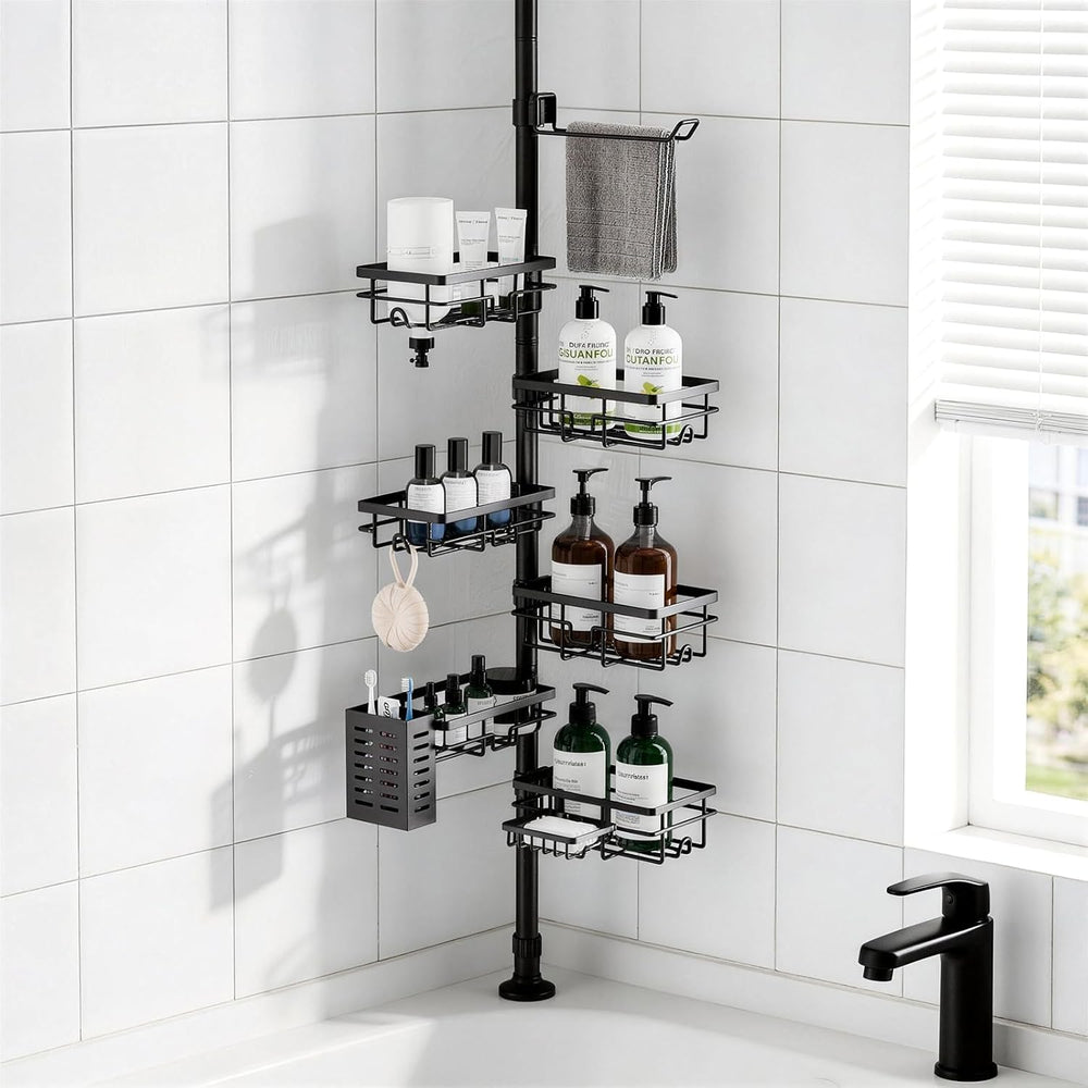 6-Tier Adjustable Tension Pole Shower Caddy – Corner Bathroom Organizer
